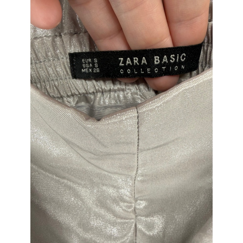 Zara Women Pants Metallic Silver Pleated Paperbag Waist Culottes S - Picture 4 of 4